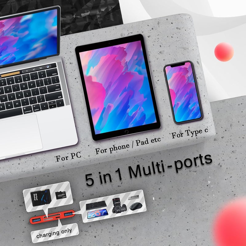 JOOPSHEE قارئ بطاقة الذاكرة 5 في 1، محول USB OTG وقارئ بطاقة SD لجهاز i-Phone/i-Pad، أجهزة USB C و USB A مع فتحات بطاقة Micro SD و SD، يدعم SD/Micro SD/SDHC/SDXC/MMC (أسود أحمر) - Image 4